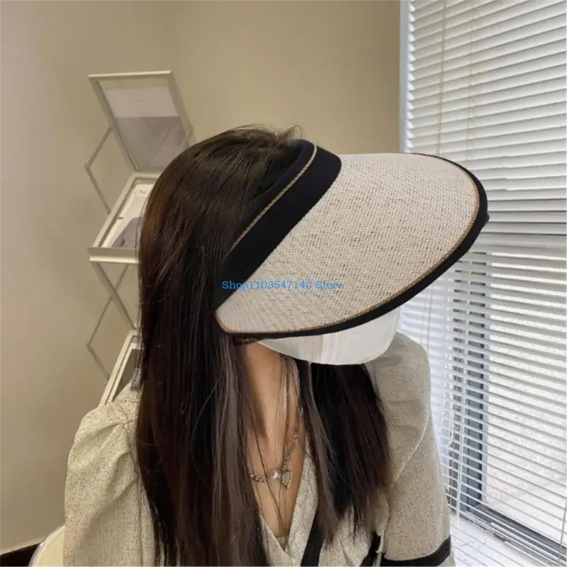 

P88B Summer Sun Visors Hat Straw SunHat Straw Visors Foldable SunHat With Ponytail Hole Wide Brim Women Visors Hat