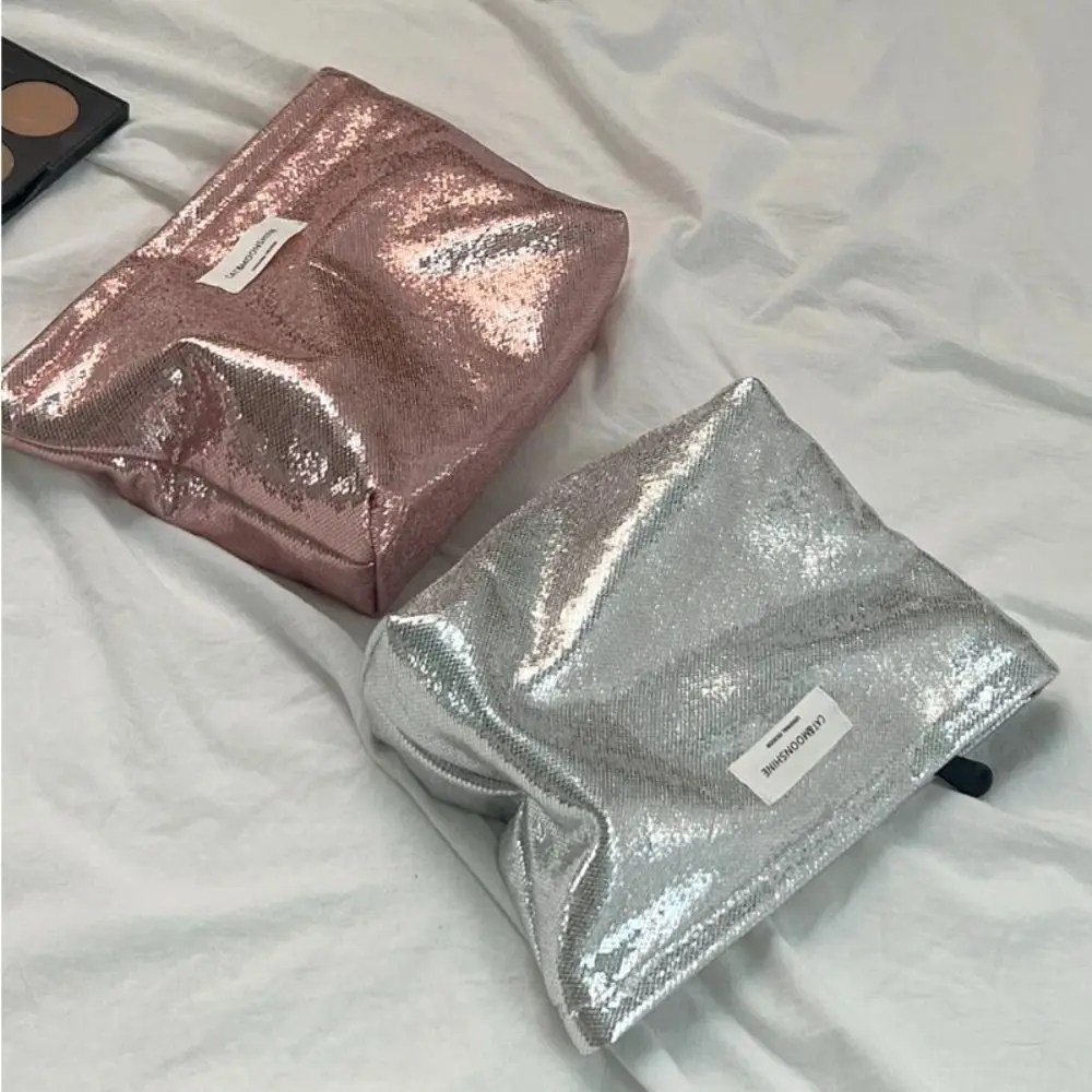 Portable Shiny Sequins Makeup Bag Silver Solid Color Cosmetic Bag Champagne Toiletries Skincare Storage Bag