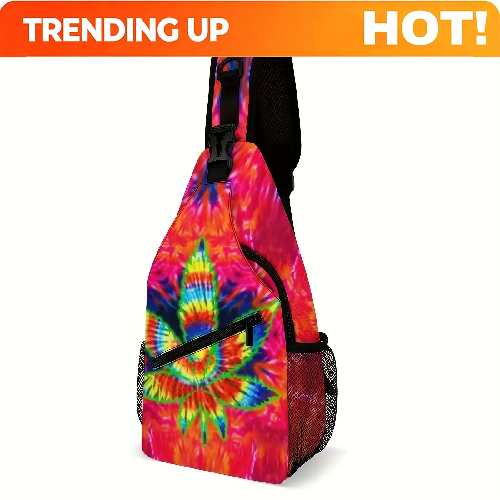 Custom Men's Red Tie-Dye Leaf Print Large Crossbody Chest Bag with Safety Zipper - Durable Fabric, Mesh Side Pockets  Adjustable