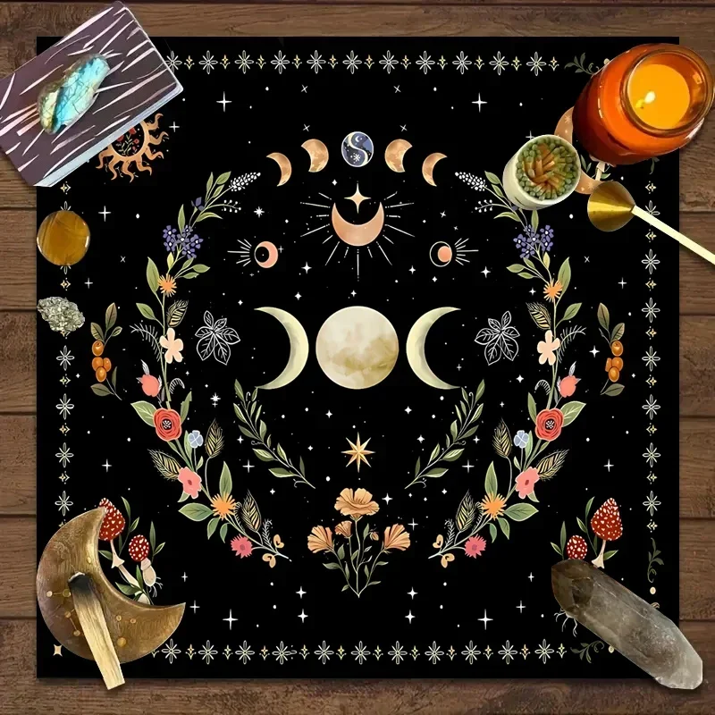 1pc Tarot Tablecloth, Altar Cloth, Moon Phase, Sun, Starry Sky, Flowers, Witchcraft, Altar Ritual Decoration Props