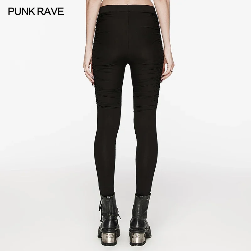 PUNK RAVE Women\'s Punk Knitted Pants Pleats on Both Thighs Decorated Personality Slim Fit with Elastic Waistband Black Leggings