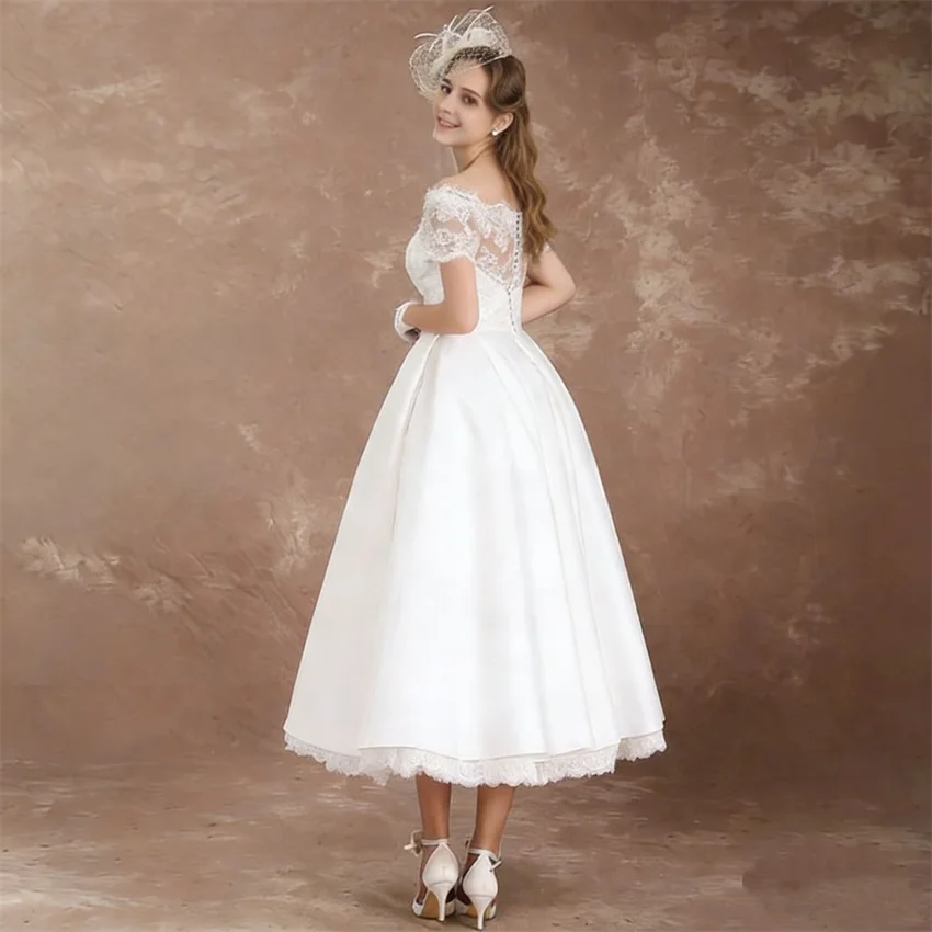 Customized Elegant Short Sleeves Midi Wedding Dresses for Women Lace Boat Neck Tea Length A-Line Bride Gowns Vestidos De Novia image 2
