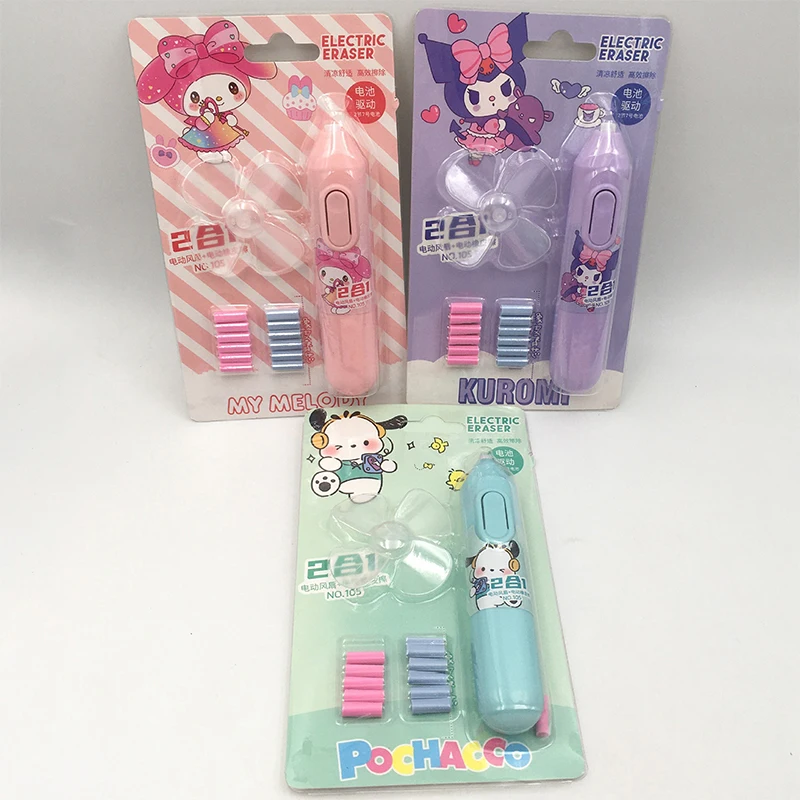 Sanrio 2in1 Multifunction Electric Eraser With Fan Kuromi Melody Electric Eraser Mini Portable Fan Chip Eraser Set