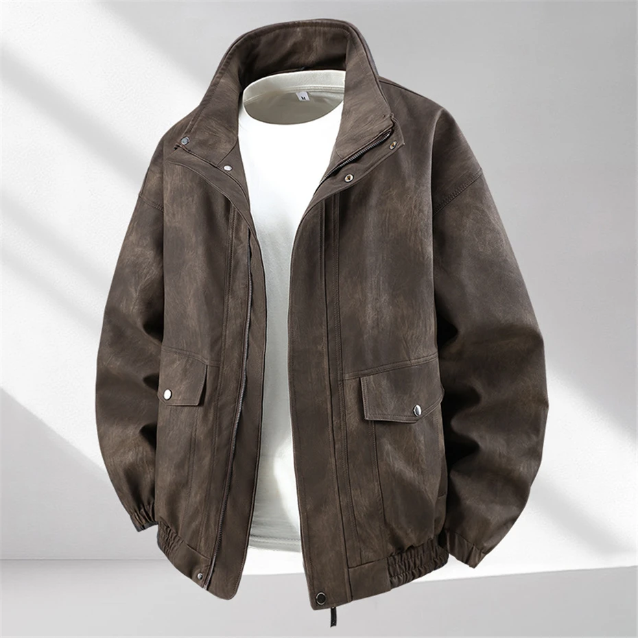 Vintage Tie Dye PU Jacket Men 10XL 11XL Plus Size Stand-up Collar PU Jacket Coat Male Cargo Jackets Big Size 10XL