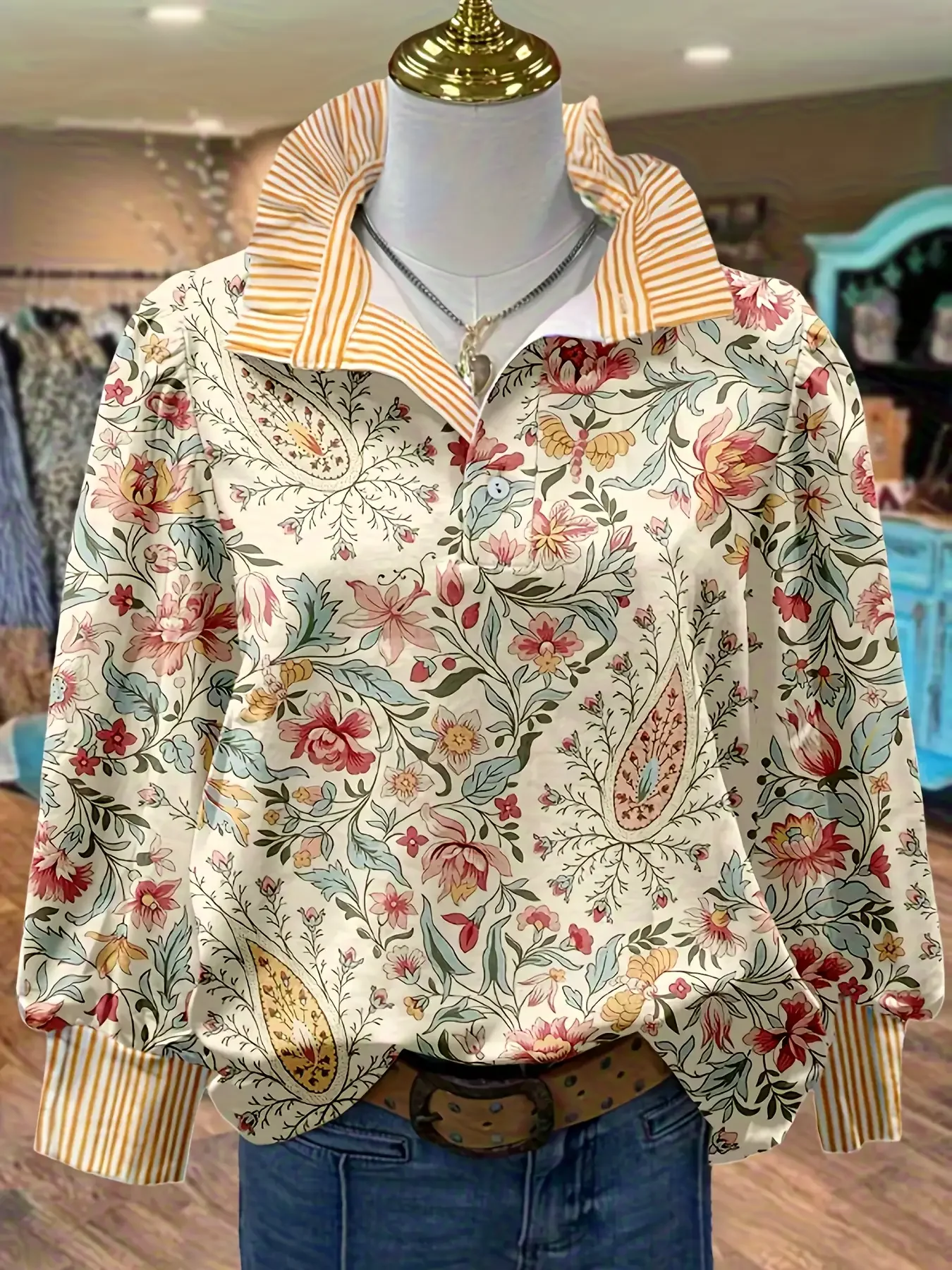 Women's Spring and Autumn Winter Collection Women's Stand up Collar Shirt Long Sleeve, Vintage Printed Holiday Travel Essential,