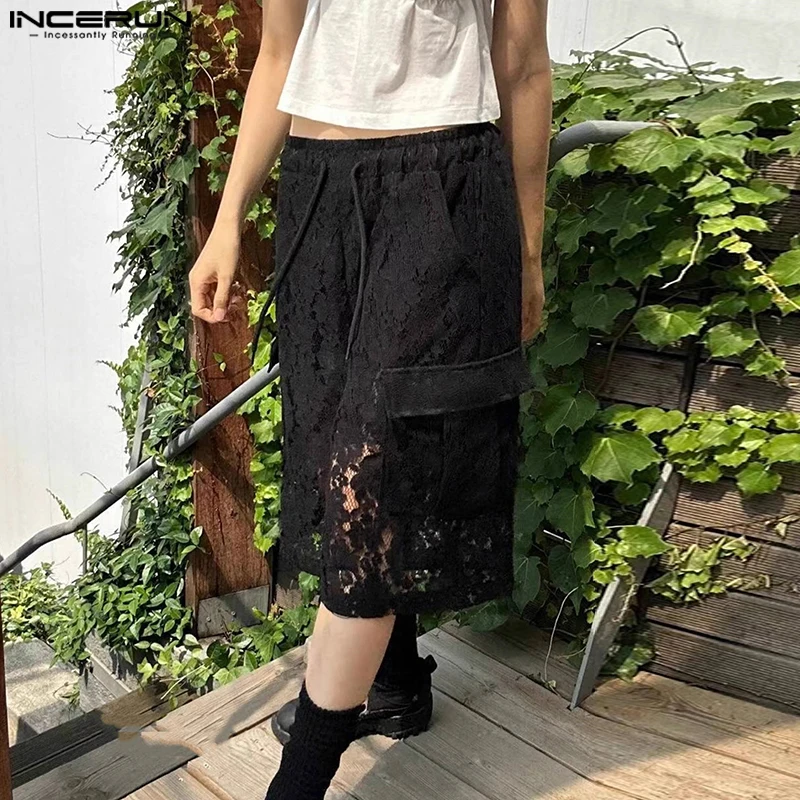 Мужские кружевные шорты, повседневные штаны INCERUN, свободные летние шорты, брюки, уличная одежда, модные мужские прозрачные шорты, мужская одежда