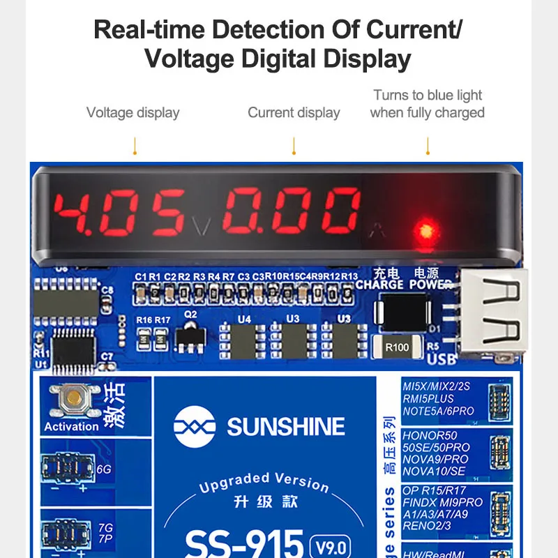 SUNSHINE-SS-915 IP Android carregamento ativação dispositivo elétrico para 6G-15Pro Max, bateria inteligente do telefone móvel, carregamento rápido Test Board