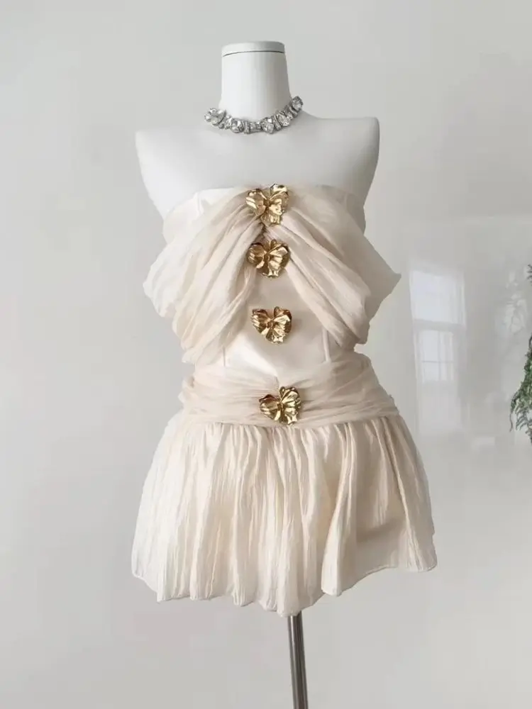 

Women Sexy Off The Shoulder Metal Buckle Patchwork Mini Dress Beige Fashion Cocktail Party Dresses Evening Design Clothes