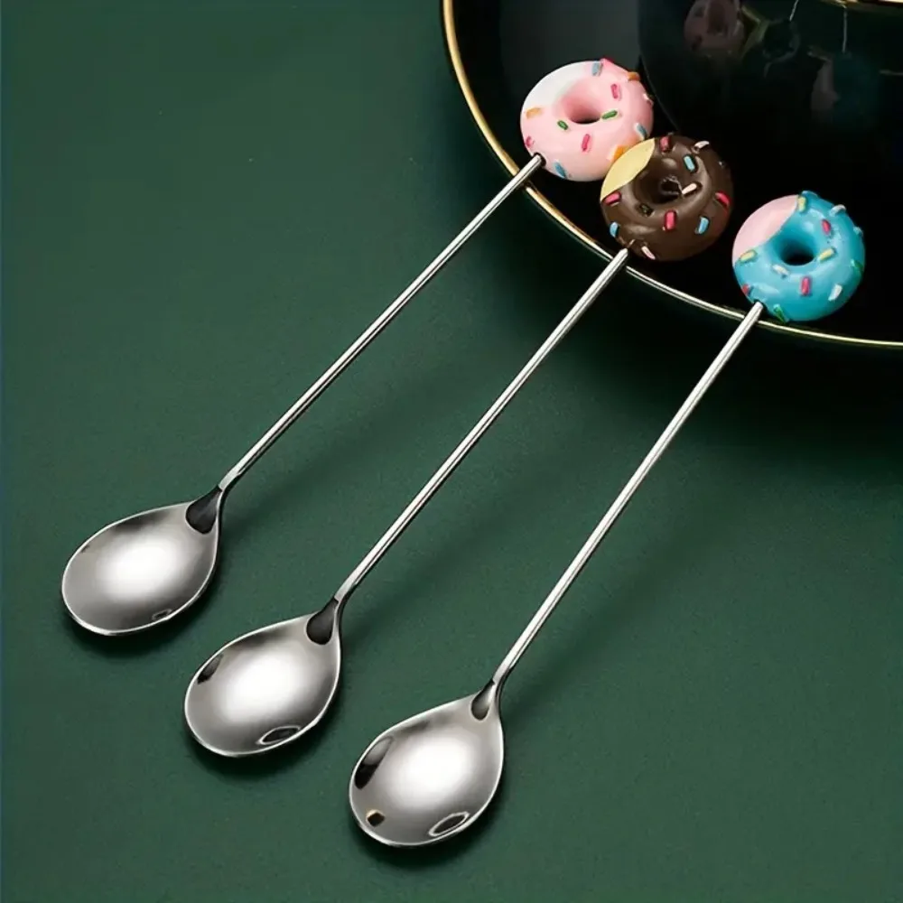 

Adorable Donut Spoon Stainless Steel Mini Coffee Spoons Multi-Functional Colorful Designs Salad Mixing Spoon Dessert Stirring