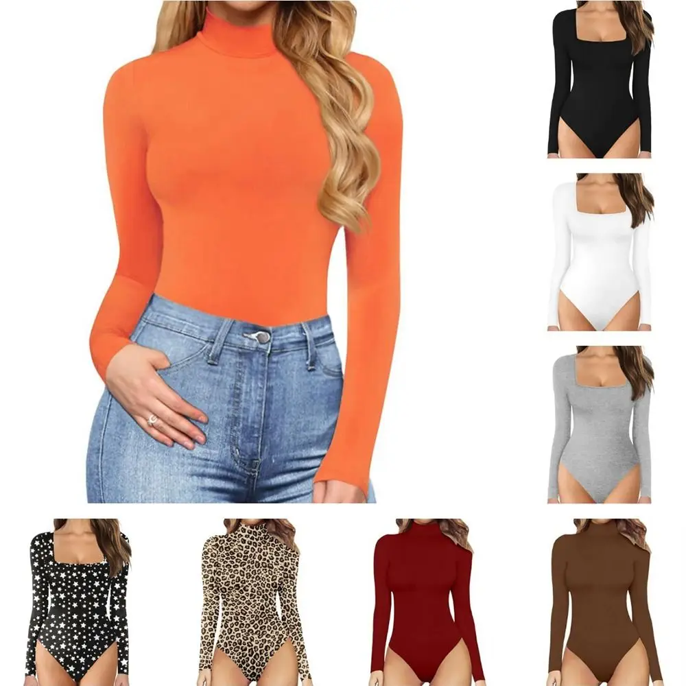 

Soft Square Neck Long Sleeve Tops Autumn Winter Leopard Bodysuit Jumpsuit Slimming Corset Fitted Women Clubwear Women Clothing