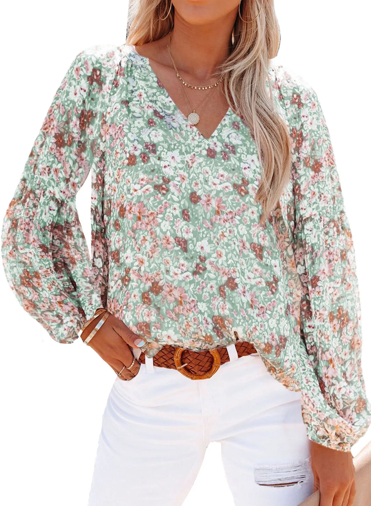 2025 New Autumn and Winter European and American Women's Clothing V-neck Chiffon Top Women's Lantern Sleeve Floral Chiffon Shirt