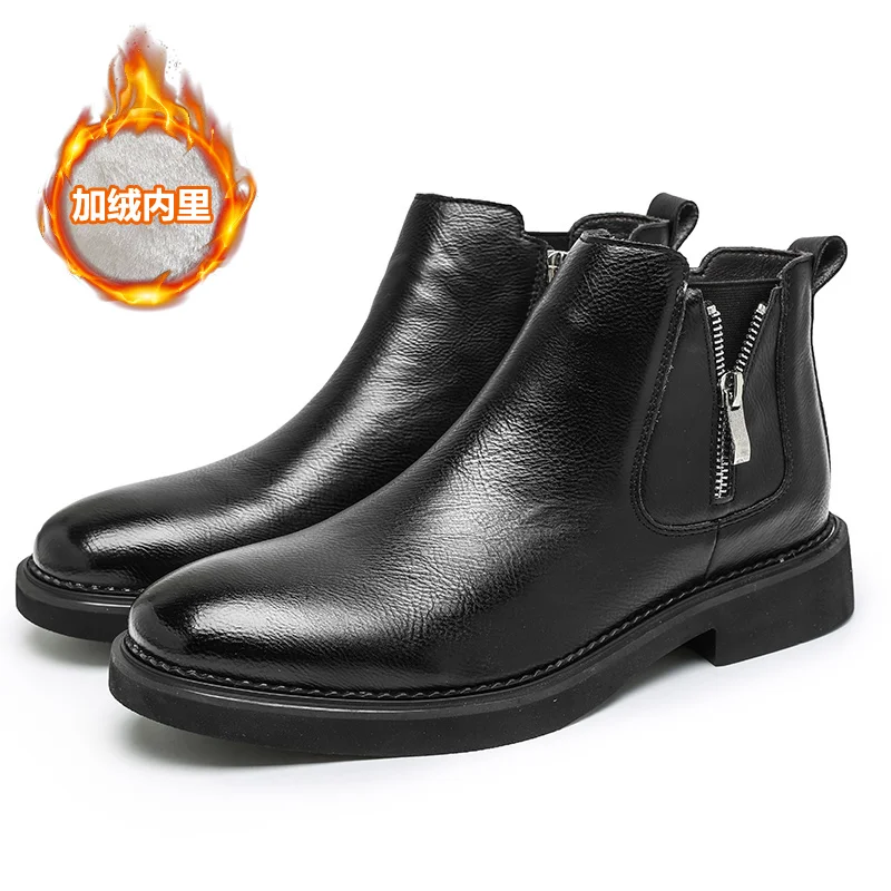 2026 Winter Genuine Leather Shoes Mens Fashion Chelsea Boots Warm Plush British Style Cow Leather Brand Male Footwear