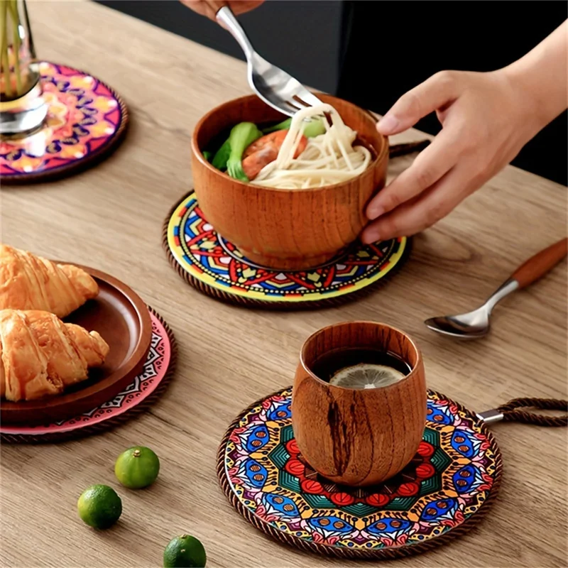Ceramic Insulation Pad,Ceramic Aurface and Cork Bottom Construction With Hanging Rope Suitable For Serving Plates, Cups, Pans