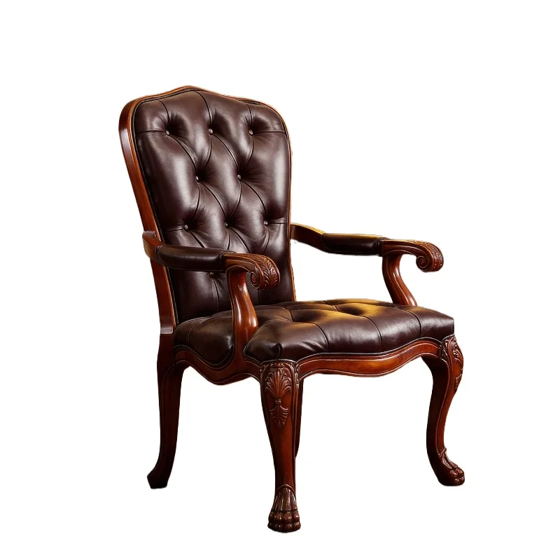 High back leather armchair, cherry frame, tufted brown seat, traditional chair, suitable for living room, study, home office