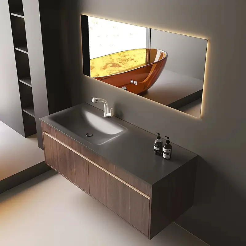 

Light Luxury Bathroom Cabinets Rock Slab Integrated Washbasin Modern Solid Wood Bathroom Sink Cabinet Vanity Bathroom Furniture