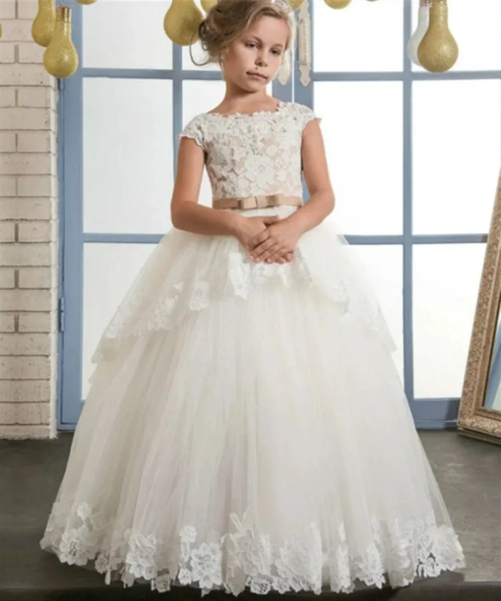 エレガントなフラワーガールドレス結婚式用レースアップリケ長袖リボンベルト小さな女の子初聖体拝領女の子ページェントパーティードレス
