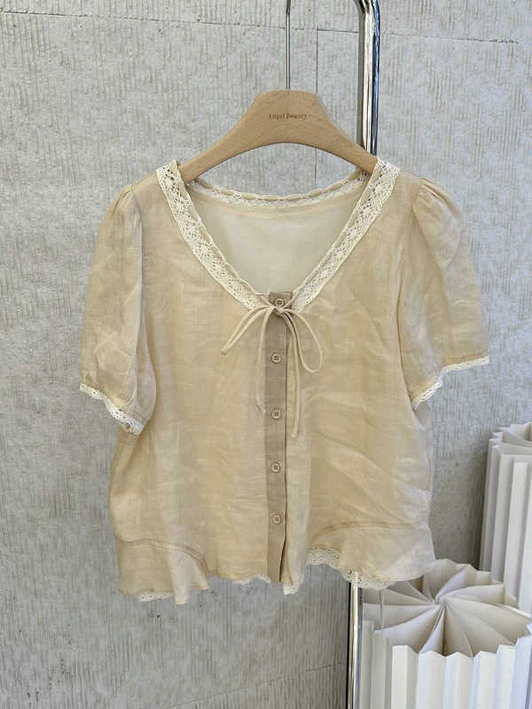 

Ladies' Bubble Sleeve Shirt V-neck Tie-waist Slimming Cotton Linen Blend Fashionable Lace Trim Korean Style Summer Top