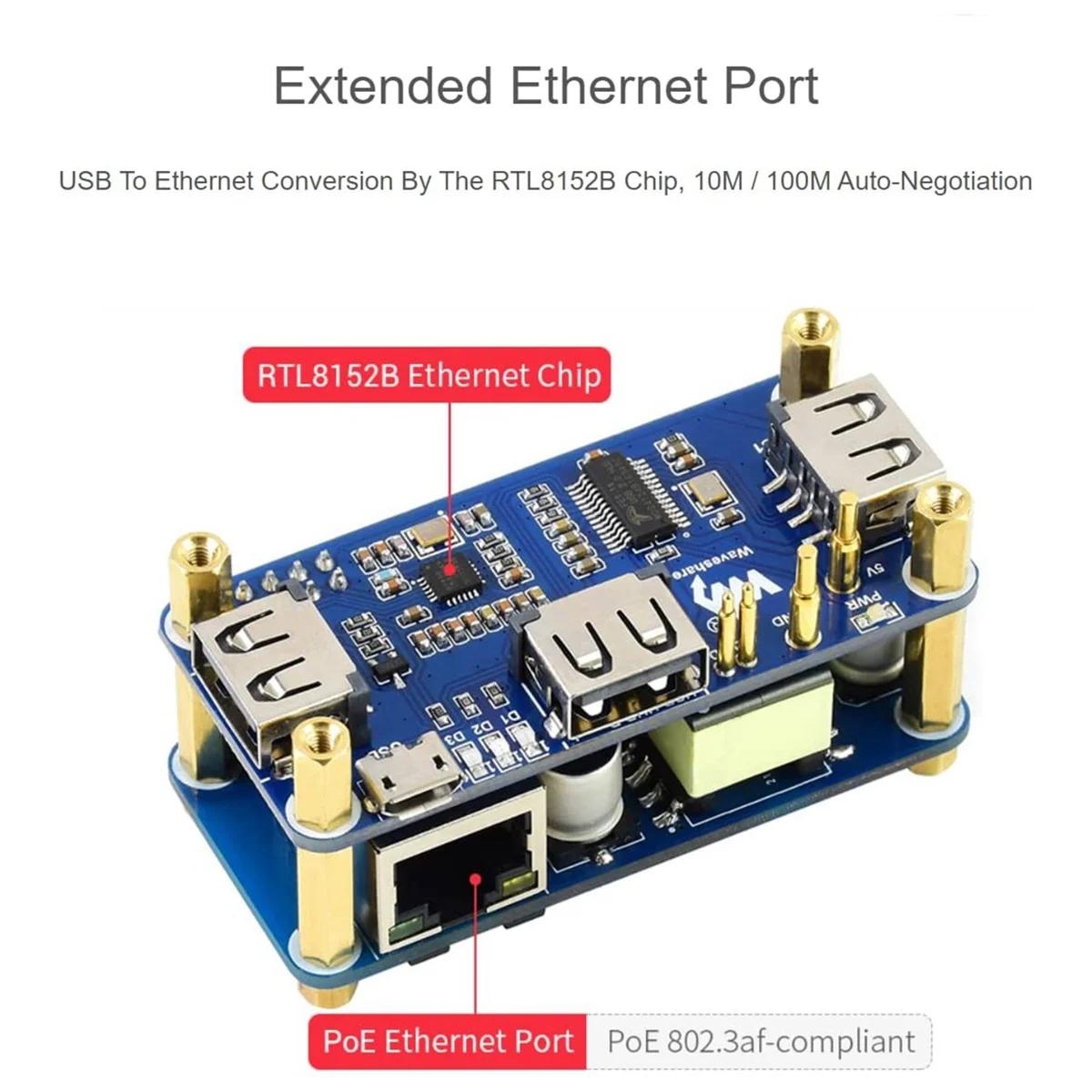 HUB USB Ethernet Waveshare-PoE, Chapéu com caixa, Estojo ABX, Raspberry Pi Zero W 2 W Zero WH 2 WH