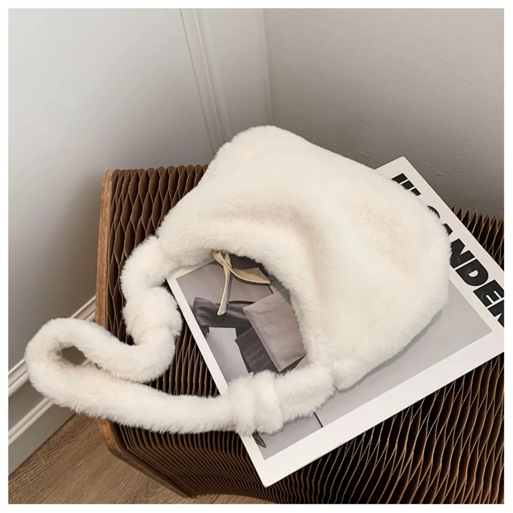 Faux Fur Soft Plush Shoulder Bag Fashion Solid Color Women Girls Winter Fuzzy Plush Tote Handbag Female Shopping Commuter Bags