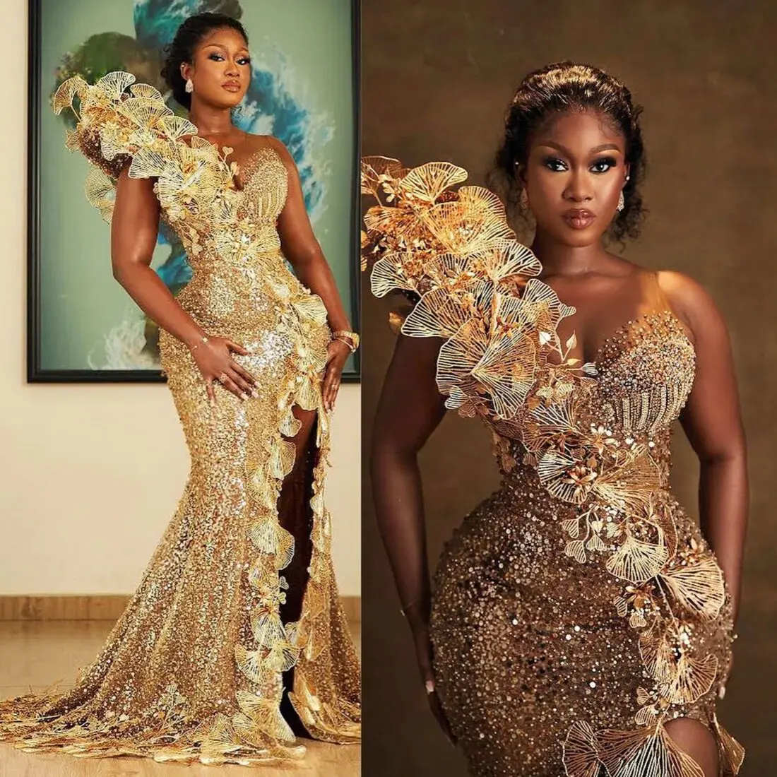 Gold Plus Size Prom Dresses For Black Women Evening Gowns Sequined Lace Mermaid Sexy Side Split Birthday Party Dress