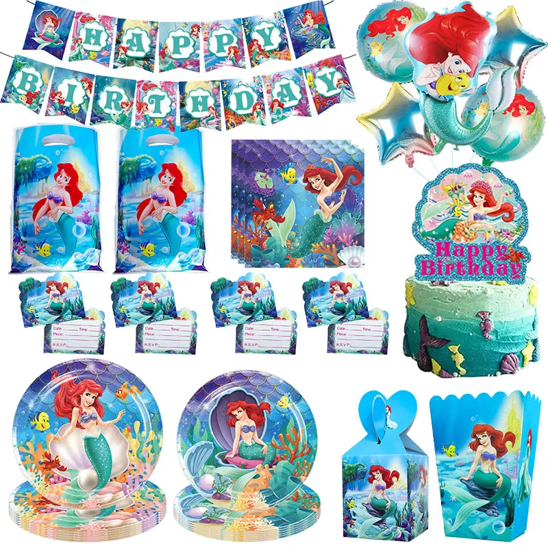 Décoration de fête d'anniversaire petite sirène, ballon princesse Ariel, assiettes en papier, gobelets, nappe, fournitures BanParty