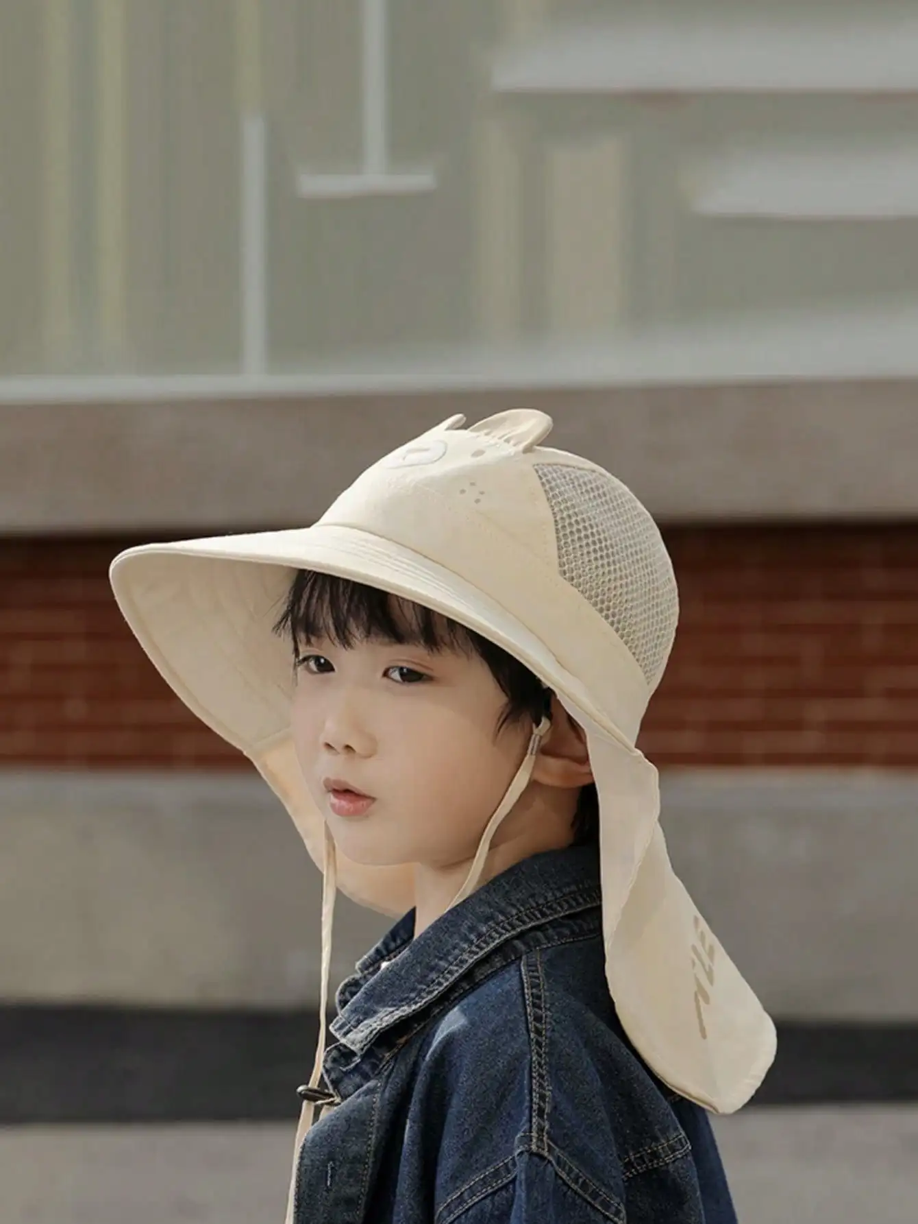 1pcs Kids Cartoon Bear Bucket Hat with Sun Protection Cape, Adjustable Strap & Random Whistle, Beige Outdoor Hat for 4-10Y Boys view 2