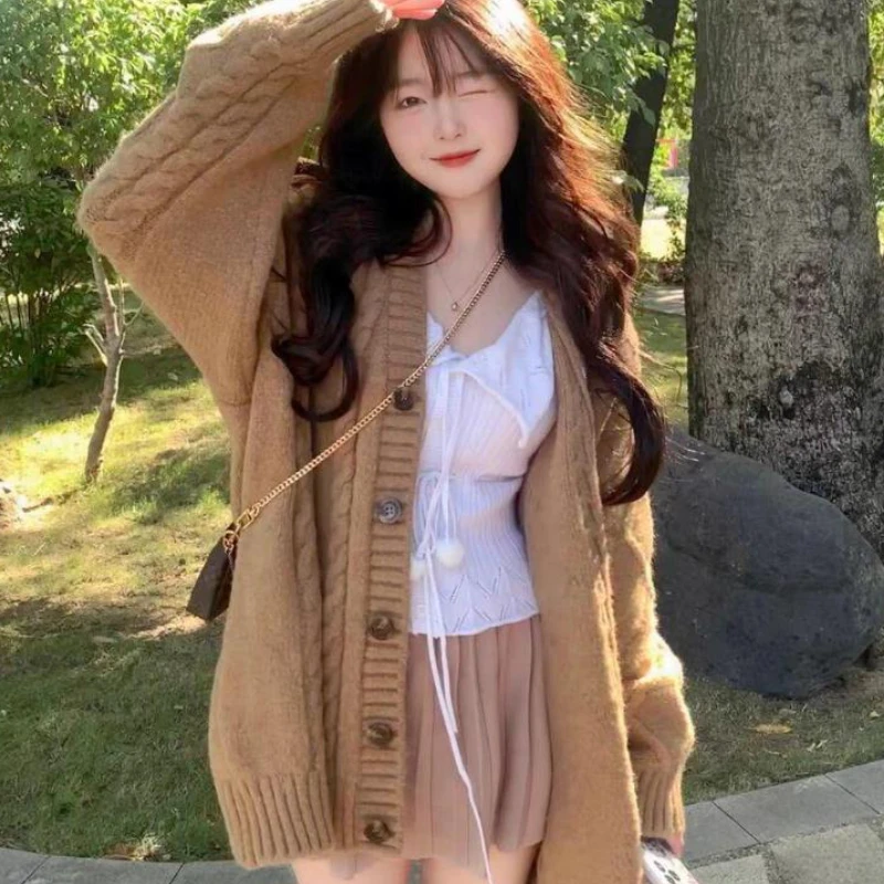 Autumn Slouchy Loose Cardigan Women Vintage Students All-match Streetwear Classic Vacation Stylish Solid Sweet Popular Young Ins