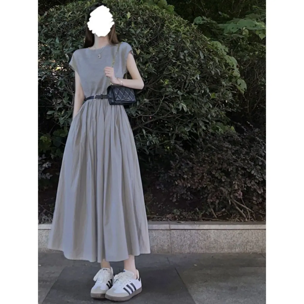 

Women's French Style Gray Dress Short-Sleeved Slimming High Waist Summer Long Skirt Ensemble