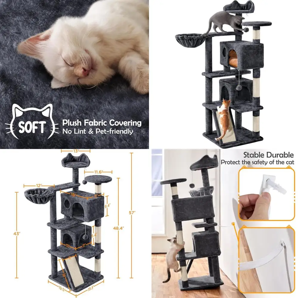 

Многоуровневая кошачья лестница-когтеточка 57 для дома с 3 платформами, 2 домиками, подвесными шариками и когтеточками, темно-серая