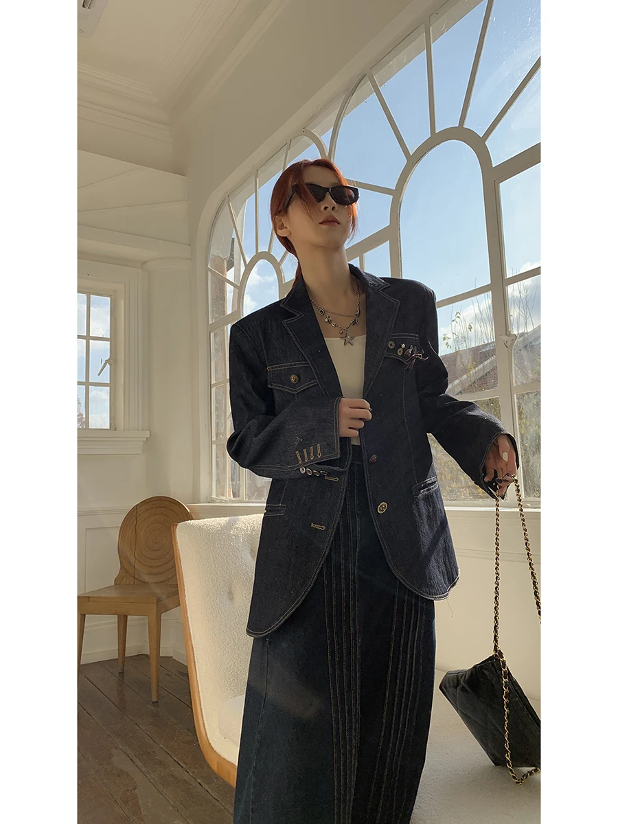 

Red Celebri Denim Jaet Women's Spring Autumn Loose Design Sense Korean Version Top Warm Cotton Polyester Blend Long Sve