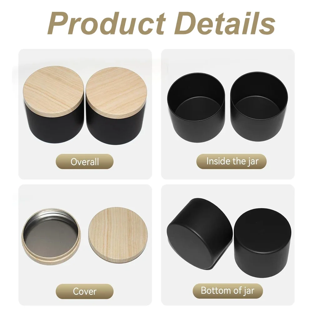 12PCS 4/8oz Black Can with Wood Grain Lids Reusable Refillable Jars Candle Making Tins Candle Containers Candy Storage Cans