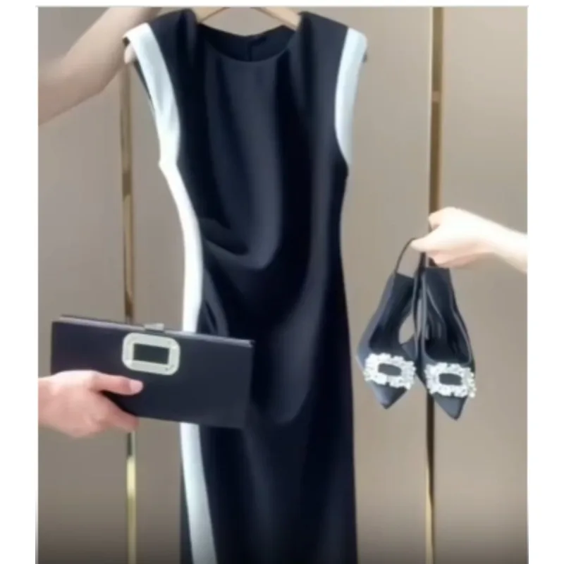 Black Sleeveless Dress Summer New Luxury High-end Round Neck Temperament Celebrity French Waist-hugging Long Hip-pack Skirt