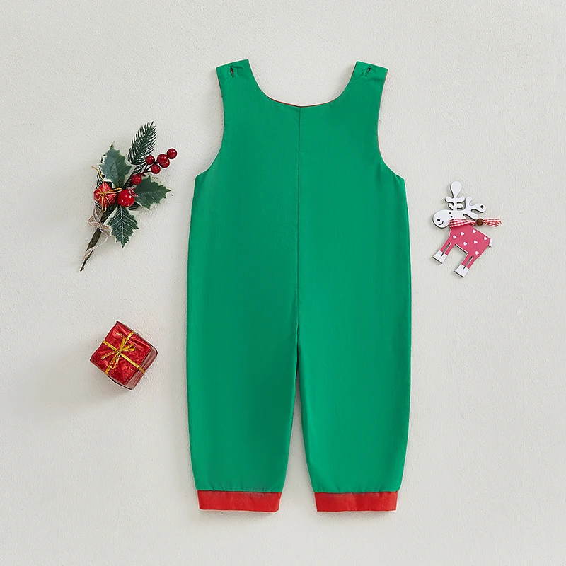 Baby Christmas Overalls Plaid Reindeer Embroidered 3D Ball Long Sleeve Contrast Color Jumpsuit