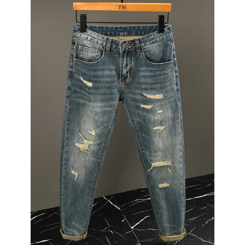 

Высококачественные потертые джинсы в стиле ретро, модные мужские потертые, эластичные, маленькие прямые брюки.