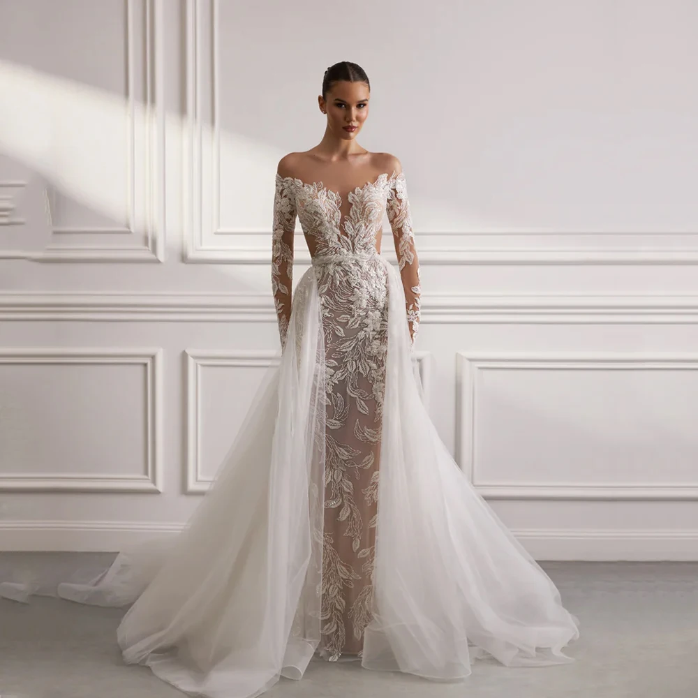 

Luxury Wedding Dress 2025 Mermaid Lace O-Neck Detachable Train Illusion Back Full Sleeves Beaded Customized Vestidos De Novias