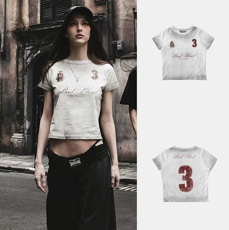 

American Sle ort round Ne T-irt Women Summer Hot Girl Print Worn-look Dyed Top Trendy Cotton Sweat-ng