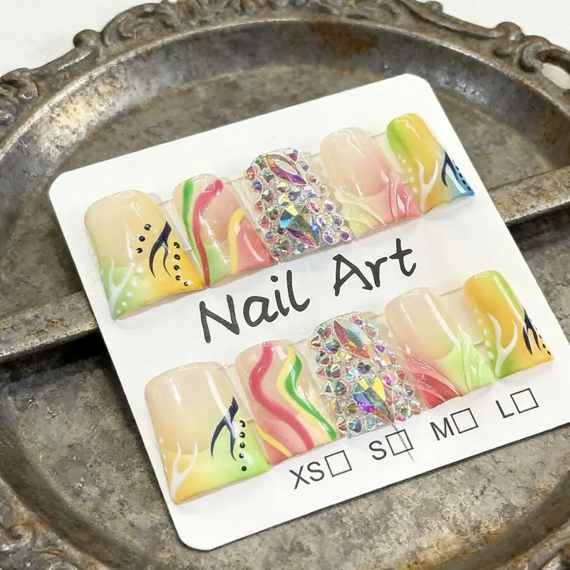 Rainbow Graffiti Rhinestone Press On Nails,Summer Sweet Cool Medium Long Coffin False Nails,Removable Reusable Trendy Popular Ma