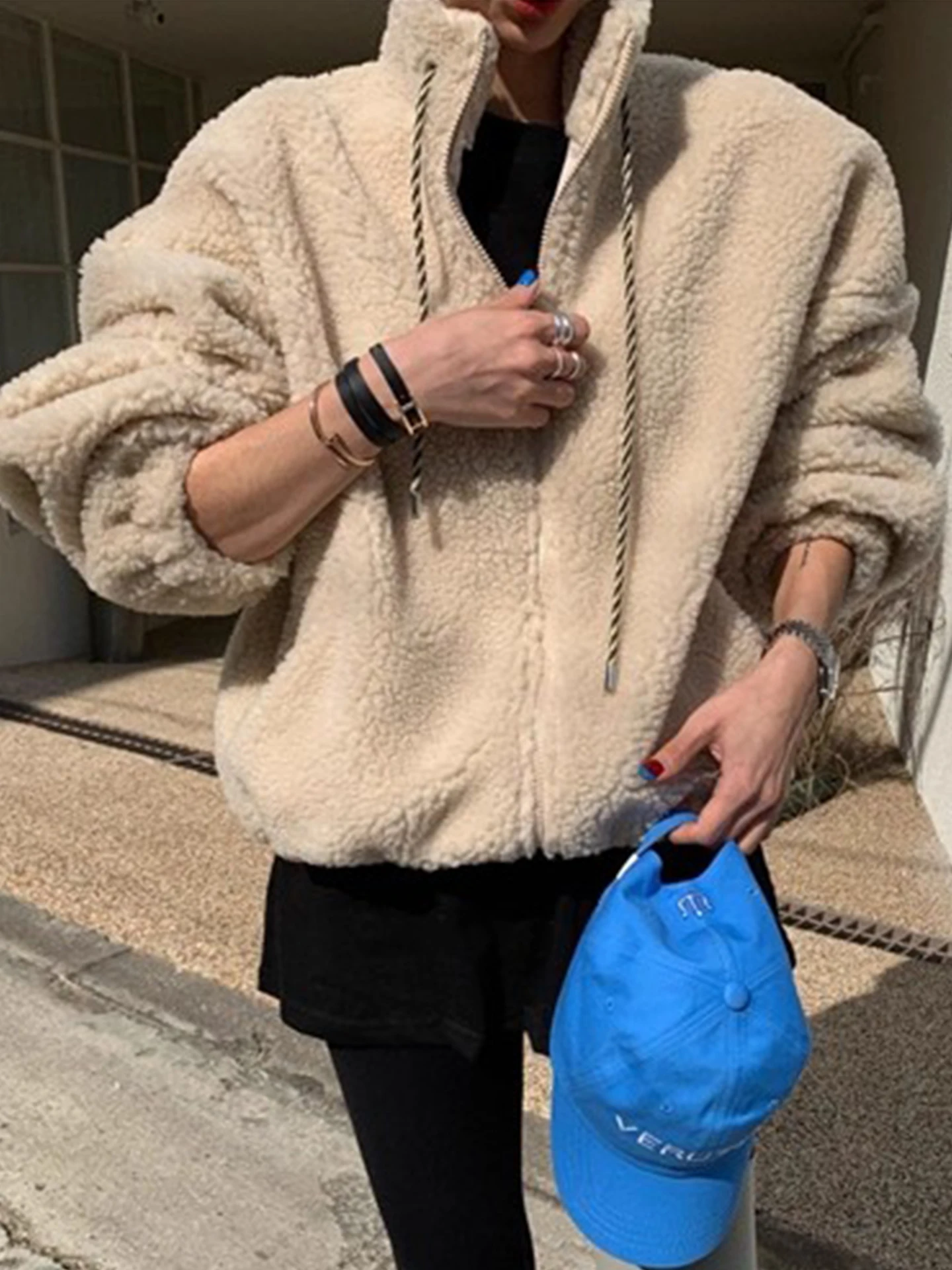 Dames agneau fourrure coton Jaet fermeture éclair ample Sle col montant hiver nouveauté Faion trajet Sle Polyester Fiber