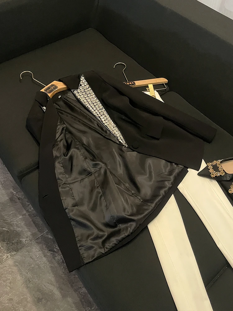 Heavy Embellied Diamond Single Button Jaet Sli Commute Wind Damen Long Sve Anzug Jaet Faionable Celebri