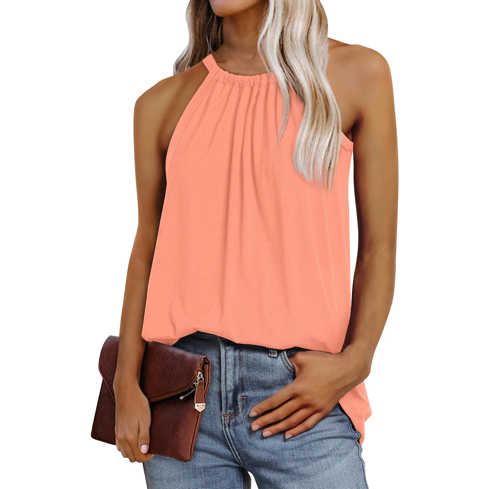 Halter Top Shirt Sleeveless Loose T Shirt Women Loose Vest Summer Sleeveless Tops Pleated Women's Fashion Casual Flowing