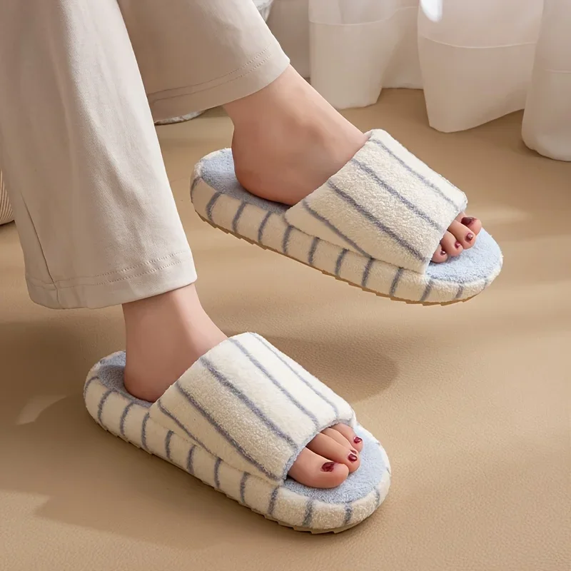 SHAJI Unisex Gestreifte Einfarbige Warme Plüsch-Hausschuhe, Ganzjahres-Flache Weiche Sohle, Leise, Weite Passform, Lässige Indoor- und Heim-Schuhe – Detail 2