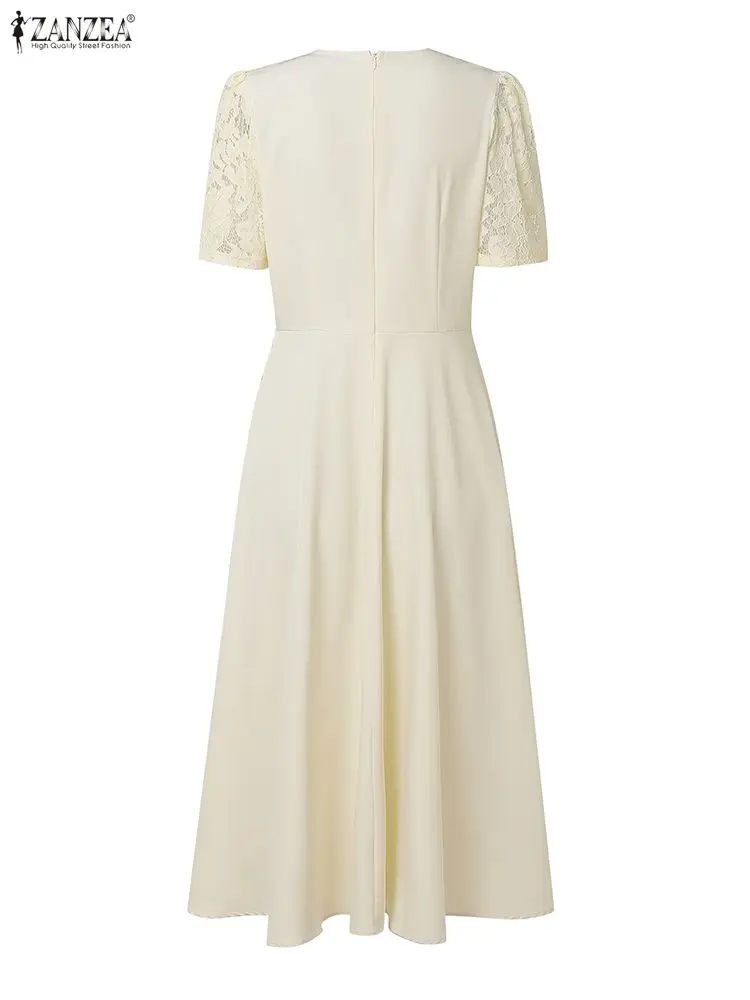 Zanzea feminino elegante em camadas rendas midi vestidos moda o-pescoço manga curta cabido cintura vestido de convidado de casamento roupas femininas S-3XL