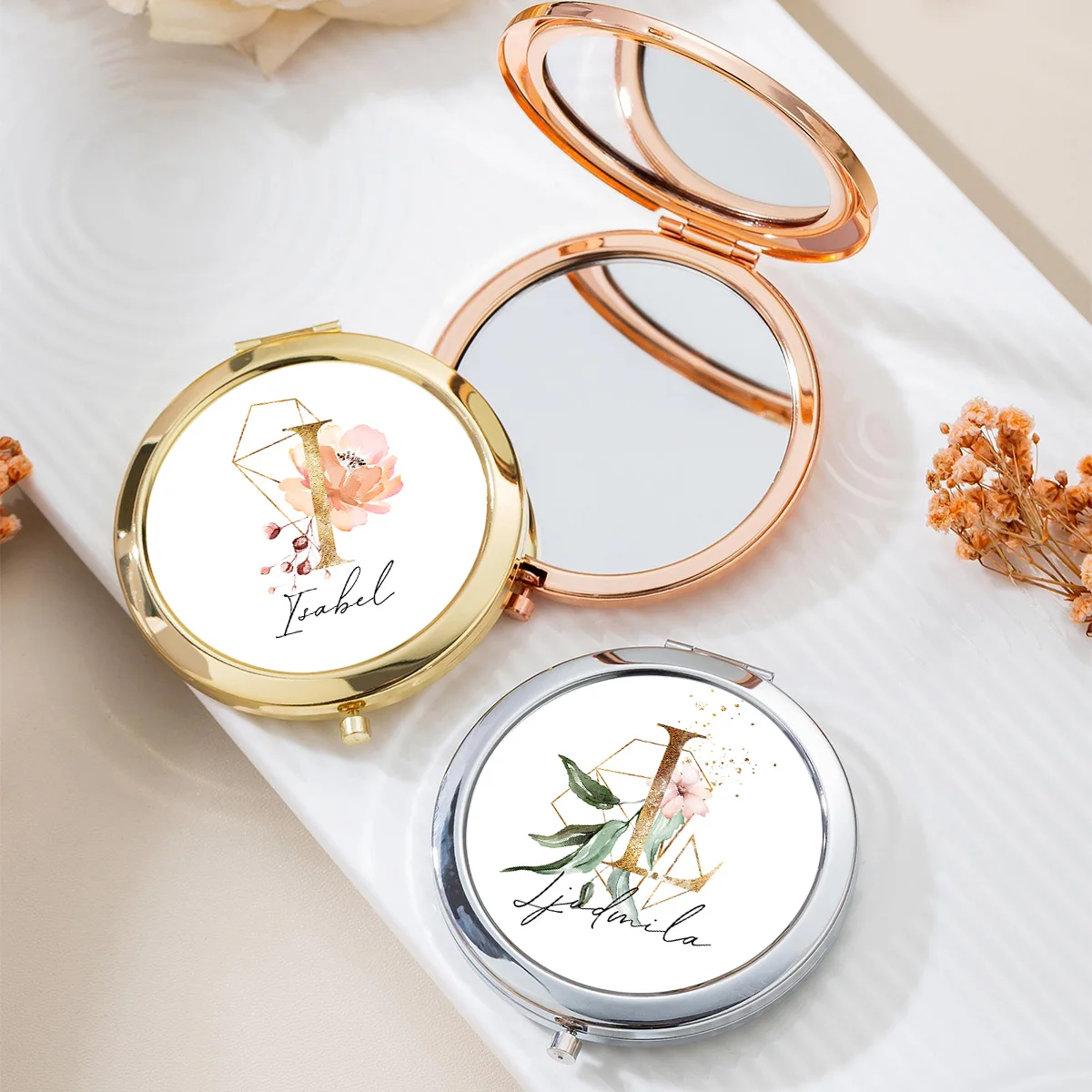 Personalized custom letter and name folding portable women's pocket mirror travel makeup mirror