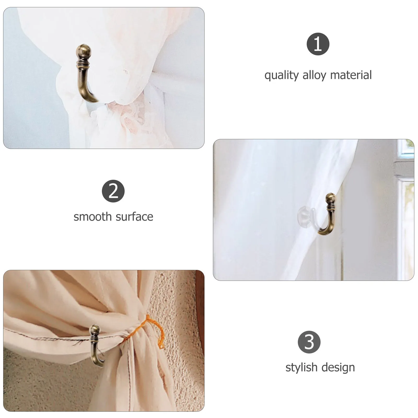 1 زوج الستار جدار هوك سبيكة مقاومة للصدأ مصقول سطح آمن رباط للستائر العائق لديكور المنزل خمر #2