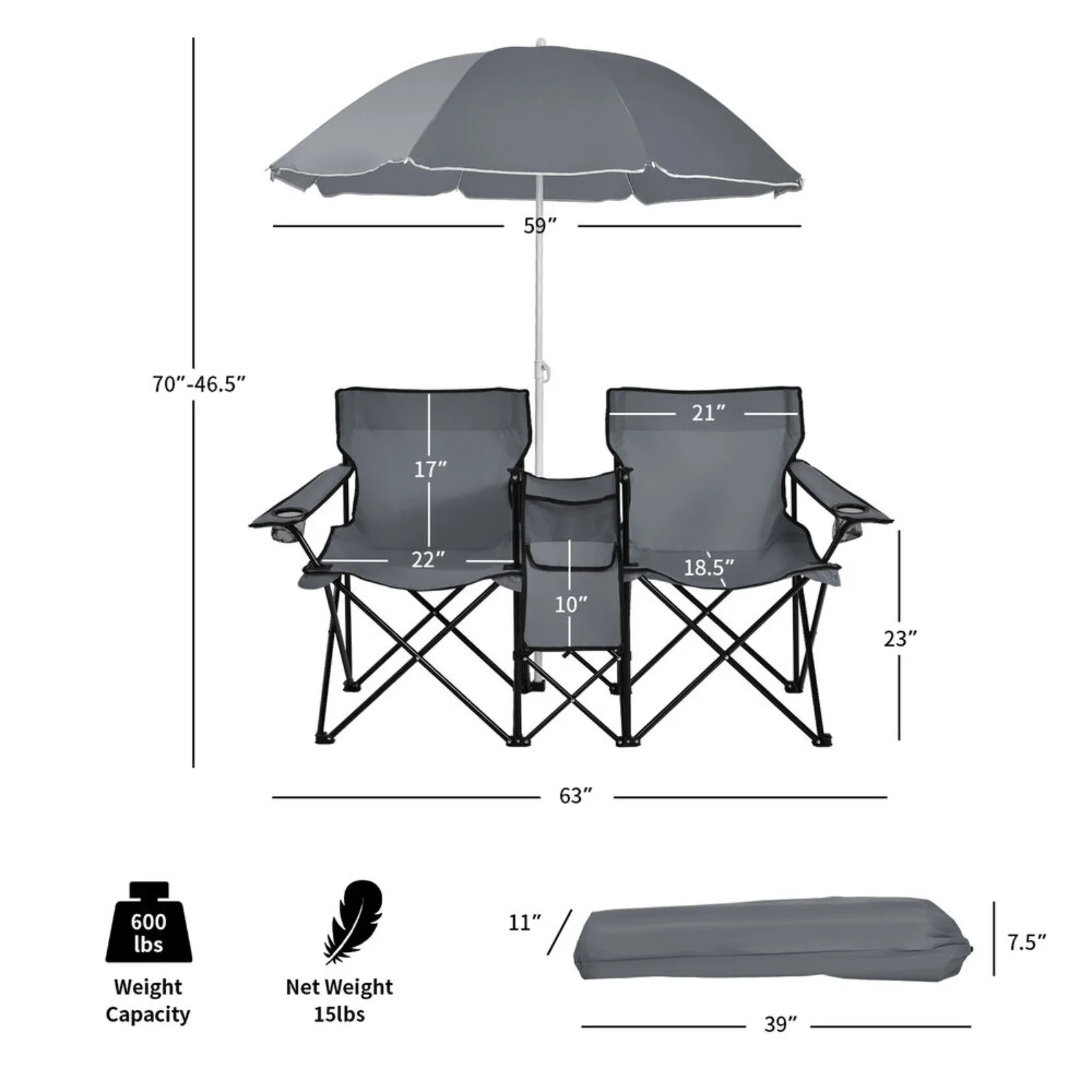 US Folding Portable Picnic Double Chair W/Umbrella Table Cooler Beach Camping