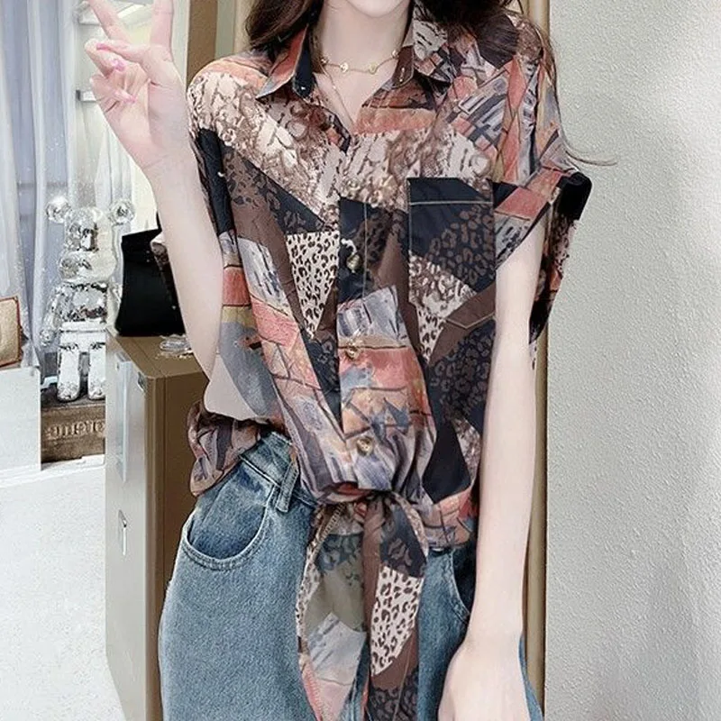 Elegant Vintage Tie Dye Polo-Neck Printed Blouse Summer Women\'s Clothing Korean Casual Short Sleeve Single-breasted Shirt Female