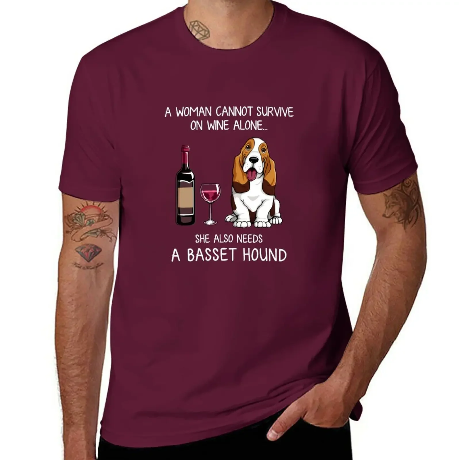 2024 summer new men t shirt Basset Hound and wine Funny dog T-Shirt Blouse short sleeves pure cotton tops casual streetwear