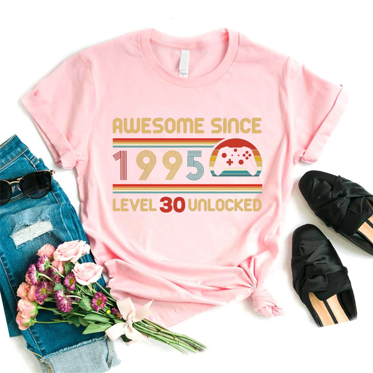 Awesome Since 1995 Level 30 Unlocked Game Consoles Graphic Printed Tshirt Women'S Clothes Birthday Party White/Black T-Shirt