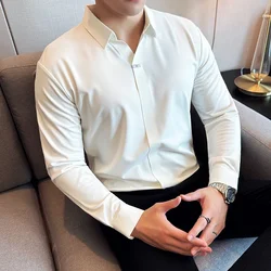 High Elasticity Men Polo Shirt 2025 British Style Autumn Thin Solid Casual Elastic Slim Fit Long Sleeves T-shirt Men Clothing
