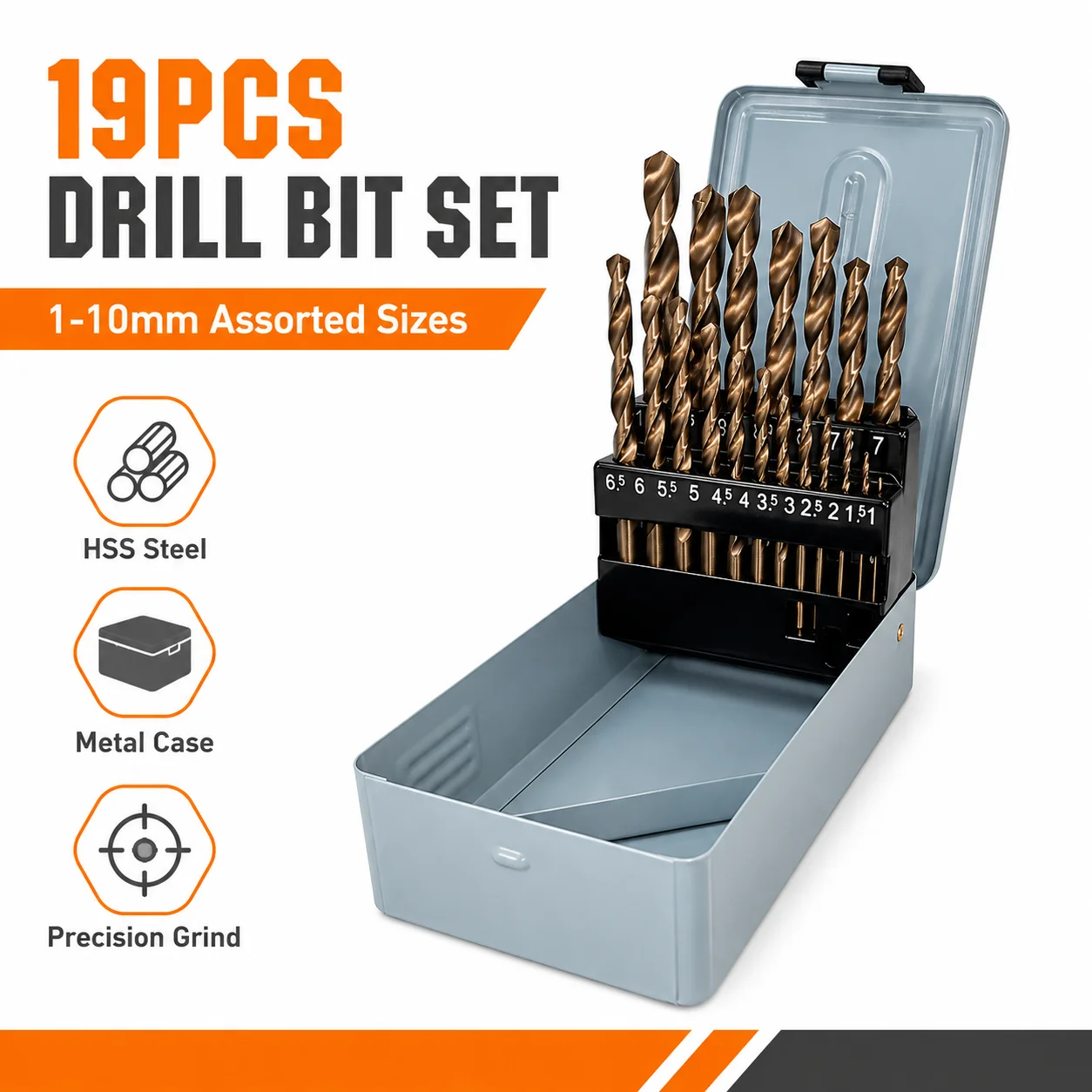 19Pcs HSS Cobalt Twist Drill Bit Set 1-10mm, Metal Drilling Bits with Storage Metal Case for Steel Wood Plastic